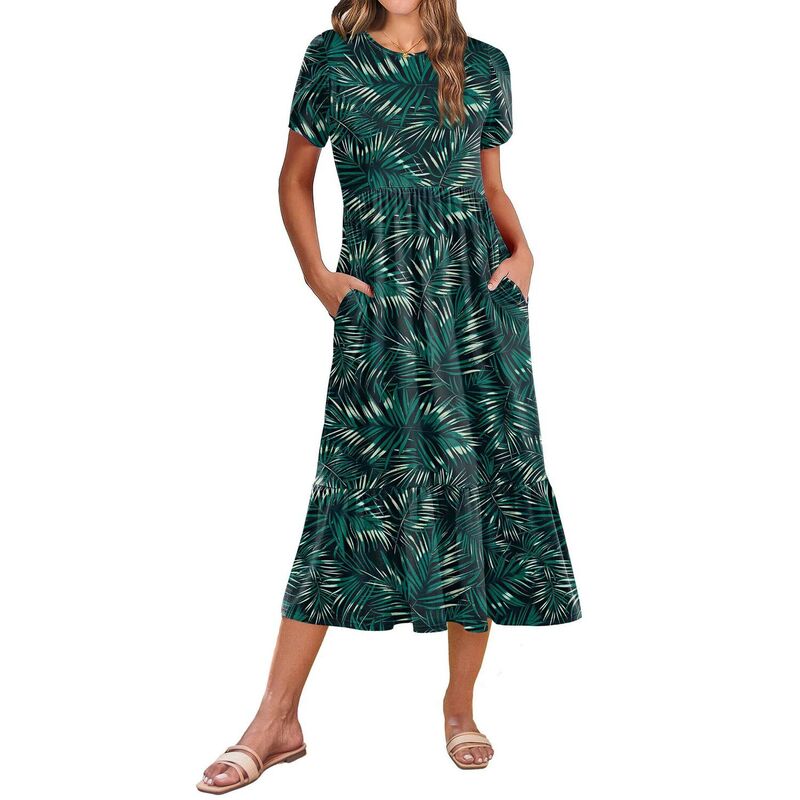 ジーグー レディース トップス ワンピース ティアード A ライン ミディ シャツ Zeagoo Women s Casual Short Sleeve Tie red A Line Swing Midi Dress with Pockets Beach T Shirt Dress Green Leaf グリーン｜ReVida 店