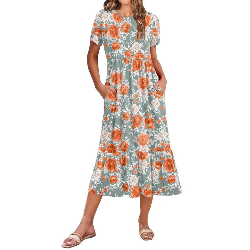 ジーグー レディース トップス ワンピース ティアード A ライン ミディ シャツ Zeagoo Women s Casual Short Sleeve Tie red A Line Swing Midi Dress with Pockets Beach T Shirt Dress Red White Floral ホワイト|ReVida 店