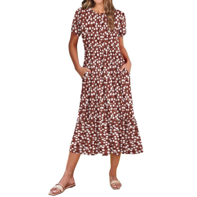 ジーグー レディース トップス ワンピース ティアード A ライン ミディ シャツ Zeagoo Women s Casual Short Sleeve Tie red A Line Swing Midi Dress with Pockets Beach T Shirt Dress Rust White Floral ホワイト|ReVida 店