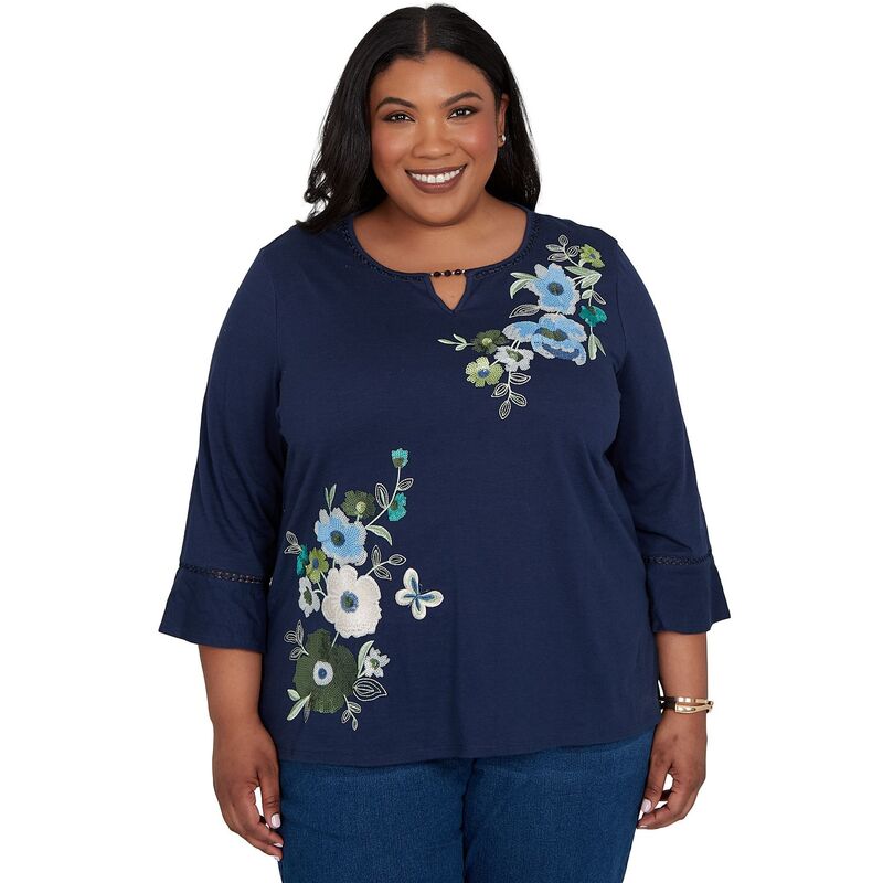 アルフレッド ダナー レディース トップス シャツ アシンメトリー プラスサイズ スパンコール ニット Plusize Alfredunner Indigo Girls Asymmetric Sequin Flowers Knitop Navy ネイビー|ReVida 店