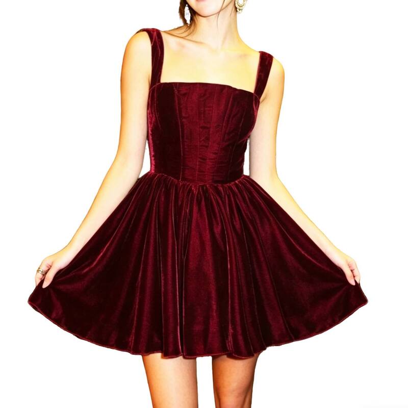 エリートスピリット レディース トップス ワンピース A ライン ドレープ EliteSpirit Women's Corset Bodice Dressquare Neckline Boning Draped Wide Straps Hidden Zipper A Line Dress Red レッド|ReVida 店