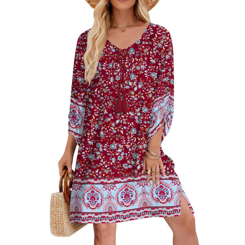 ジーグー レディース トップス ワンピース フラワー柄 プラスサイズ フラワー Zeagoo Plusize Beach Summer Dresses Boho Tassel Tie Neck 3/4 Sleeve Floral Flowy Cover Up Apricot アプリコット｜ReVida 店