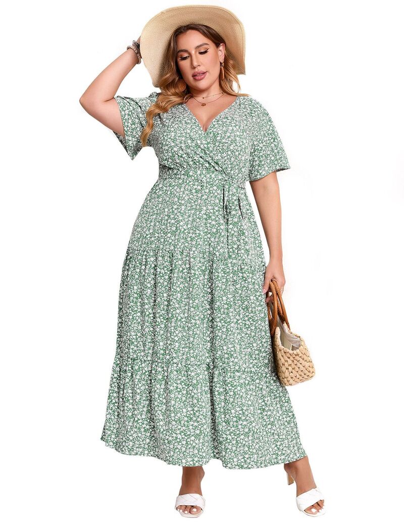 クリアラブ レディース トップス ワンピース Vネック ハイウエスト プラスサイズ フリル マキシ Clearlove Women's Plusize Dress V Neck Short Sleeve Maxi Dressummer High Waist Ruffle Casual Flowy Dress Green Yellow Floral イエロー｜ReVida 店 10,786円