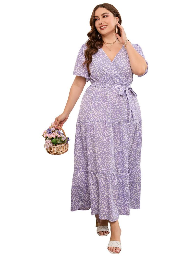 クリアラブ レディース トップス ワンピース Vネック ハイウエスト プラスサイズ フリル マキシ Clearlove Women's Plusize Dress V Neck Short Sleeve Maxi Dressummer High Waist Ruffle Casual Flowy Dress Purple パープル|ReVida 店