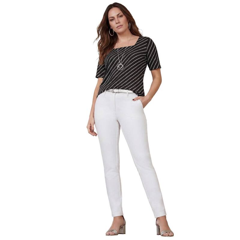 ジェシカロンドン レディース トップス Tシャツ プラスサイズ コットン Jessica London Women's Plusize Stretch Cotton Square Neck Tee Black Bias Dot ブラック|ReVida 店