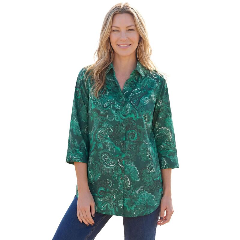 ウーマン ウィズイン レディース トップス シャツ プラスサイズ Woman Within Plusize No Iron Three-Quarter Sleeve Peachskin Shirt Emerald Green Mosaic グリーン|ReVida 店