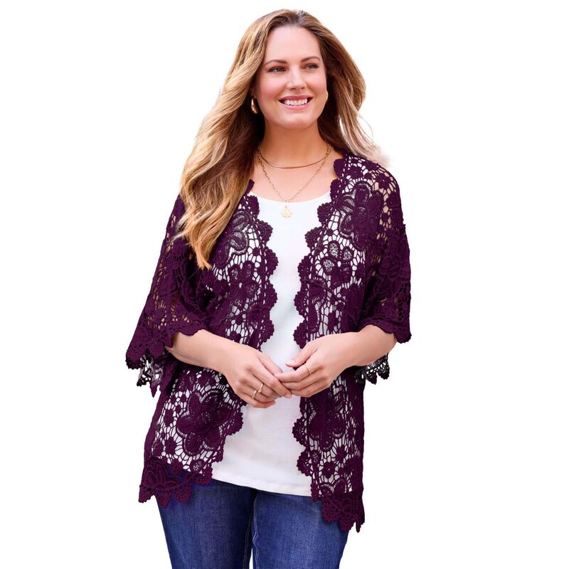 キャサリンズ レディース アウター ニット・セーター プラスサイズ Catherines Women's Plusize Graceful Crochet wrap Deep Berry|ReVida 店