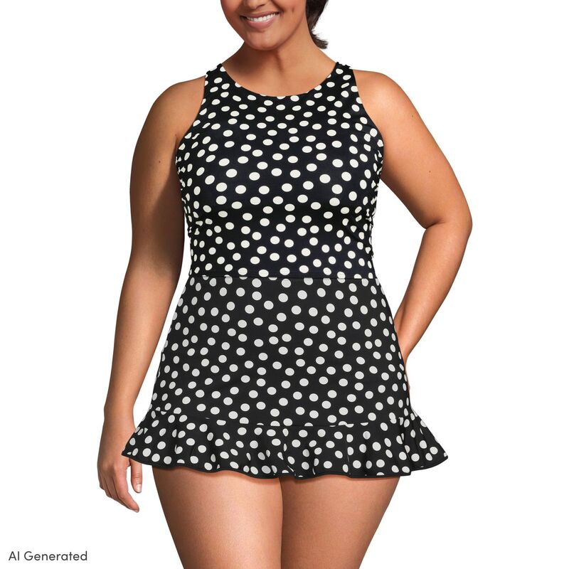 ランズエンド レディース 水着 トップのみ ハイネック プラスサイズ Plusize Lands' End High Neck Racerback Tankini Swim Top Black White Dots ホワイト｜ReVida 店
