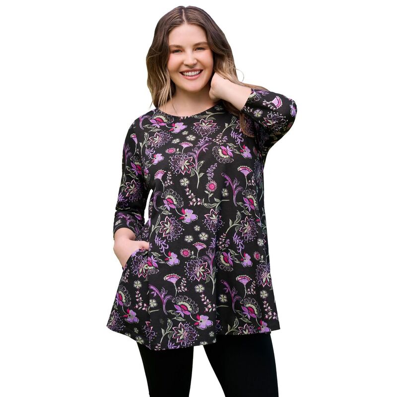 ウーマン ウィズイン レディース トップス Tシャツ プラスサイズ Woman Within Plusize 2-Pocket Swing Tunic Black Multi Batik ブラック|ReVida 店
