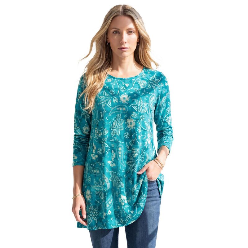 ロアマンズ レディース トップス Tシャツ クルーネック プラスサイズ Roaman's Women's Plusize Ultimate Long Sleeve Crewneck Swing Tunic Deep Teal Paisley Tie ティール｜ReVida 店