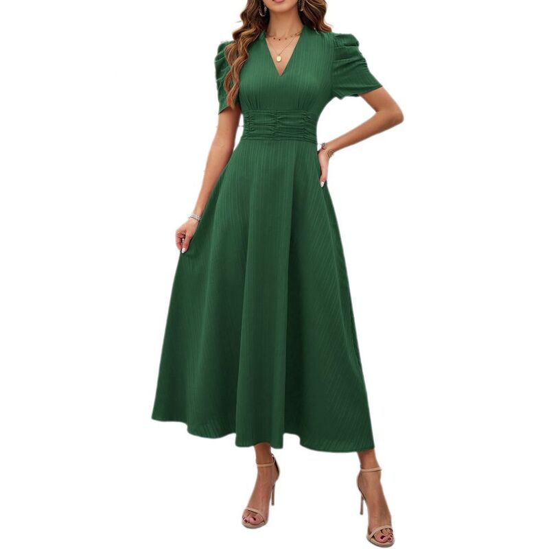 イエスファッション レディース トップス ワンピース Vネック A ライン ミディ Yesfashion Womenshort Puff Sleeve V Neck Casual Semi-Formal Dress A-Line Cocktail Party Summer Midi Dress Olive Green グリーン|ReVida 店