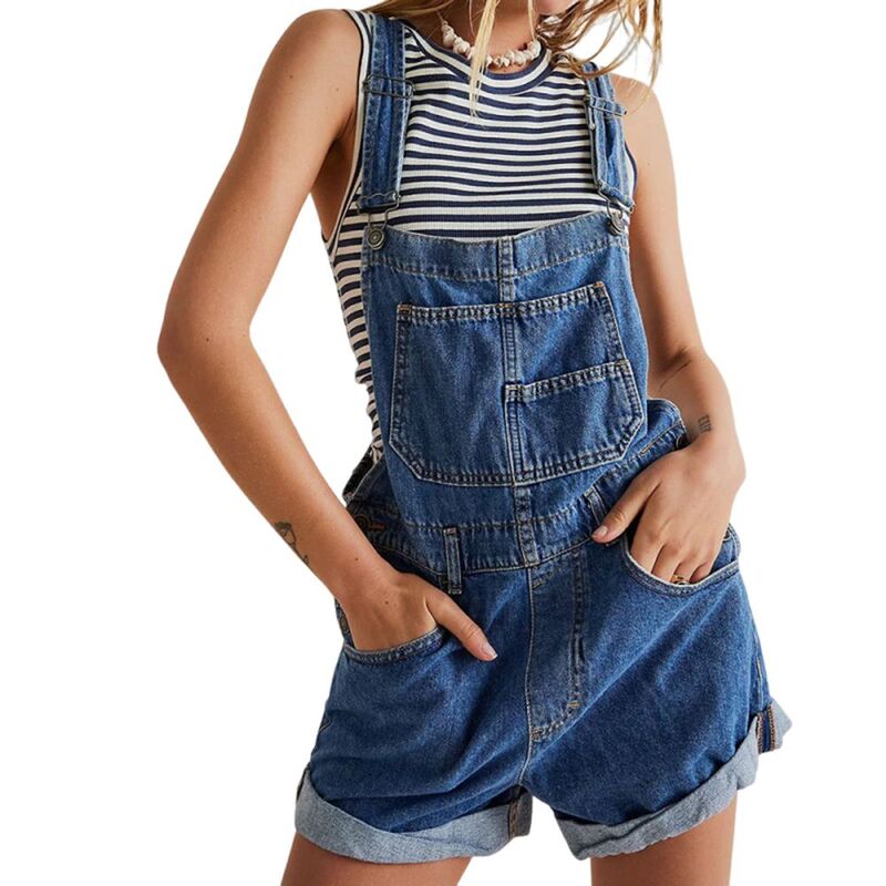 ジョイジョイ レディース ボトムス カジュアルパンツ オーバーオール デニム JoyJoy Women'summer Loose Denim Overallshort Multi-Pocket Cross Back Design Trendy Casual Strappy Short Dark Blue ブルー|ReVida 店
