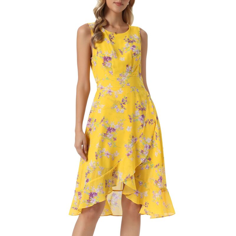 インスパイア シック レディース トップス ワンピース フラワー柄 フリル ノースリーブ フラワー INSPIRE CHIC Women'summer Dresses Wrap Ruffle High Low Hem Round Neckeyhole Back Sleeveless Floral Dress Yellow イエロー|ReVida 店