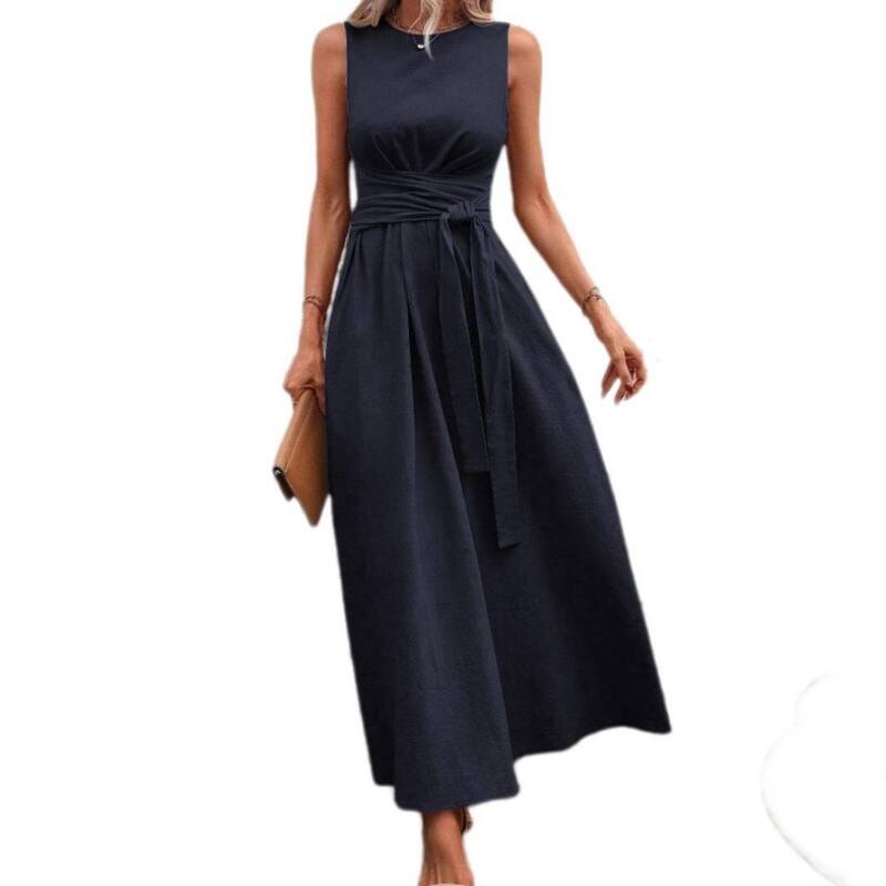 イエスファッション レディース トップス ワンピース クルーネック ノースリーブ マキシ Yesfashion Dresses for Women Elegant Classy Sleeveless Crewneck Maxi Dresses Tie Waist Dress Vacation Dress Blue ブルー｜ReVida 店