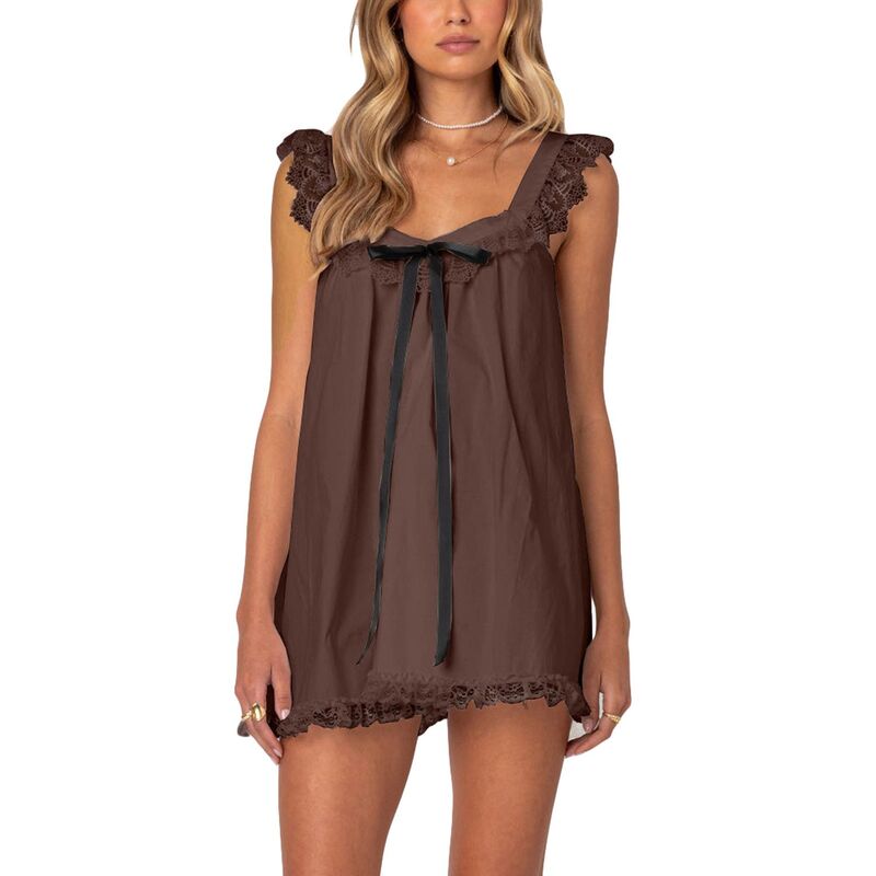 セオリア レディース トップス ワンピース レーストリム フリル ミニ サテン レース Seoria Women's Lace Trim Satin Babydoll Dress Bow Back Ruffle Sleeve Vacation Mini Dress Brown ブラウン｜ReVida 店