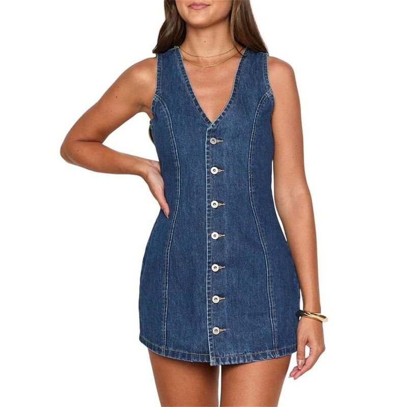 ジョイジョイ レディース トップス ワンピース ボタンダウン ノースリーブ ダウン デニム JoyJoy Denim Dresses for Women Sleevelesstretchy Jean Summer Casual Western Short Button Down Dress Dark Blue ブルー｜ReVida 店