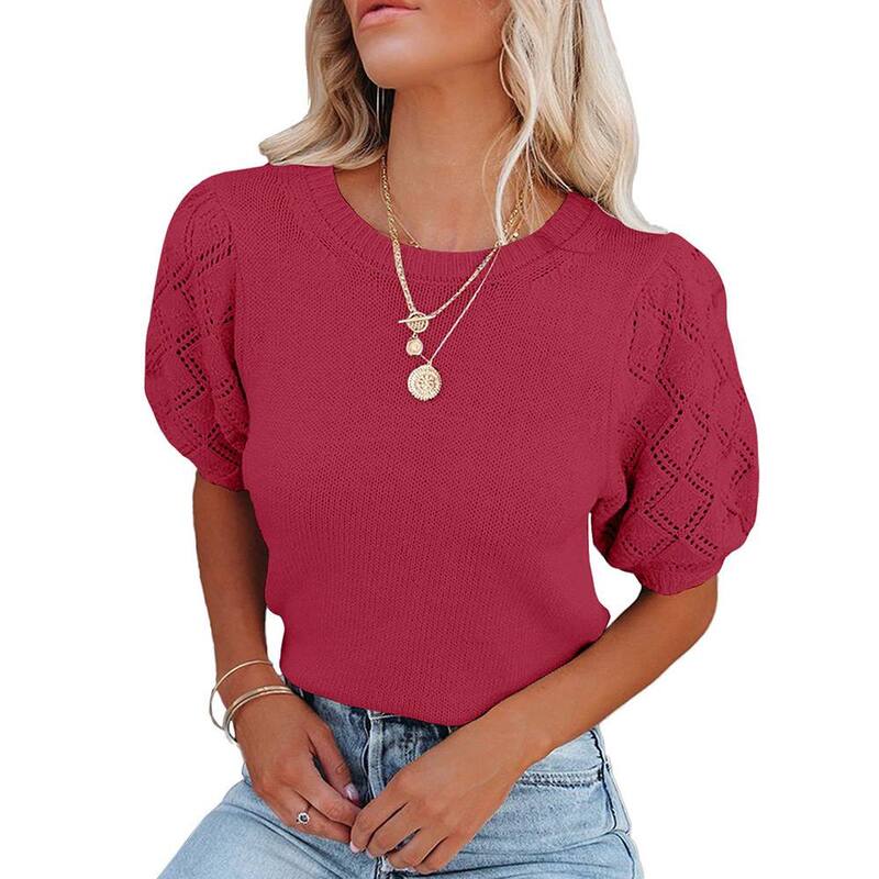 ジョイジョイ レディース トップス Tシャツ セーター クロップド レース ニット JoyJoy Women's Puff Sleeve Cropped Knitop Round Neck Eyelet Lace Short Sleeve Casual Sweater Top Brick Red レッド|ReVida 店