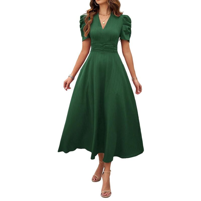 エリートチョイス レディース トップス ワンピース Vネック ハイウエスト ミディ Elitechoice Women's V Neck High Waist Short Sleeve Midi Dress Olive Green グリーン|ReVida 店