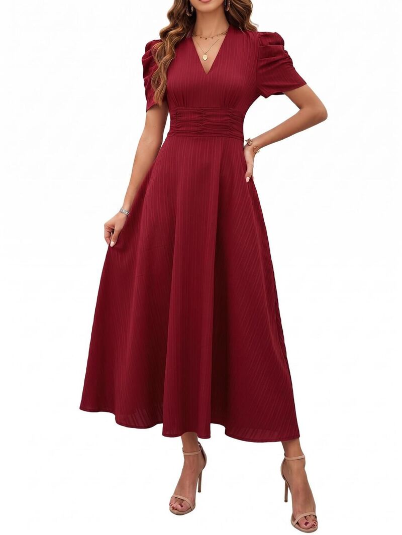 ファンジュライ レディース トップス ワンピース Vネック ハイウエスト ミディ FUNJULY Women's High Waist Short Sleeve V Neck Midi Dress Red レッド｜ReVida 店