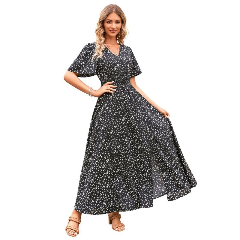 ボディサイズ レディース ボトムスカート Vネック フラワー柄 プリント フリル フラワー BODDYSIZE Women'summer Wrap Up Floral Print V Neck Short Sleeved Ruffledress Black ブラック｜ReVida 店