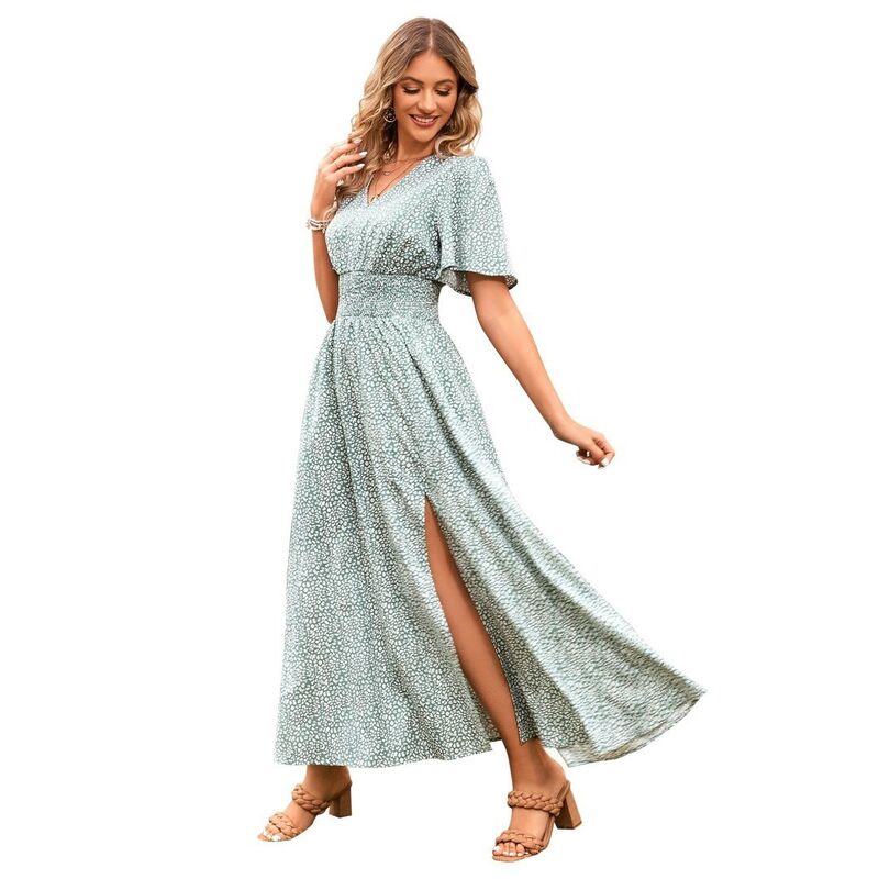 ボディサイズ レディース ボトムスカート Vネック フラワー柄 プリント フリル フラワー BODDYSIZE Women'summer Wrap Up Floral Print V Neck Short Sleeved Ruffledress Green グリーン|ReVida 店