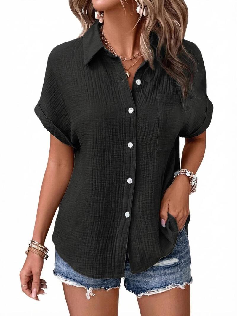 クリアラブ レディース トップス シャツ ブラウス Clearlove Women's Button-Up Shirt Casual Batwing Short Sleeve Blouse with Pockets Black ブラック｜ReVida 店