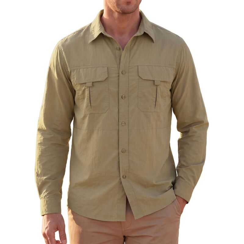 インスパイア シック メンズ トップス Tシャツ ボタンダウン INSPIRE CHIC Men's Casual Button Down Long Sleeve Pockets Hiking Fishing Cargo Work Shirt Khaki カーキ｜ReVida 店