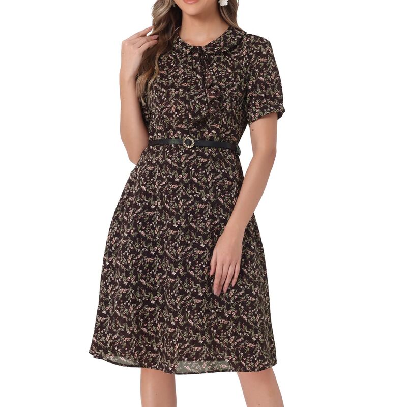 アレグラ ケー レディース トップス ワンピース フラワー柄 フラワー ALLEGRA K Women's Peter Pan Collar Tie Neck Elegant Floral Dress with Belt Brown ブラウン|ReVida 店