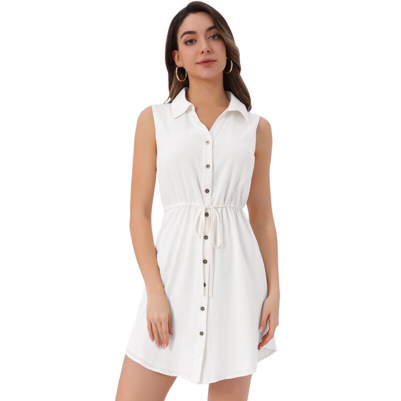 アレグラ ケー レディース トップス ワンピース ボタンダウン シャツ ノースリーブ ダウン デニム ALLEGRA K Women'sleeveless Collar Button Down Tie Waist Belt Denim Shirt Dress White ホワイト|ReVida 店