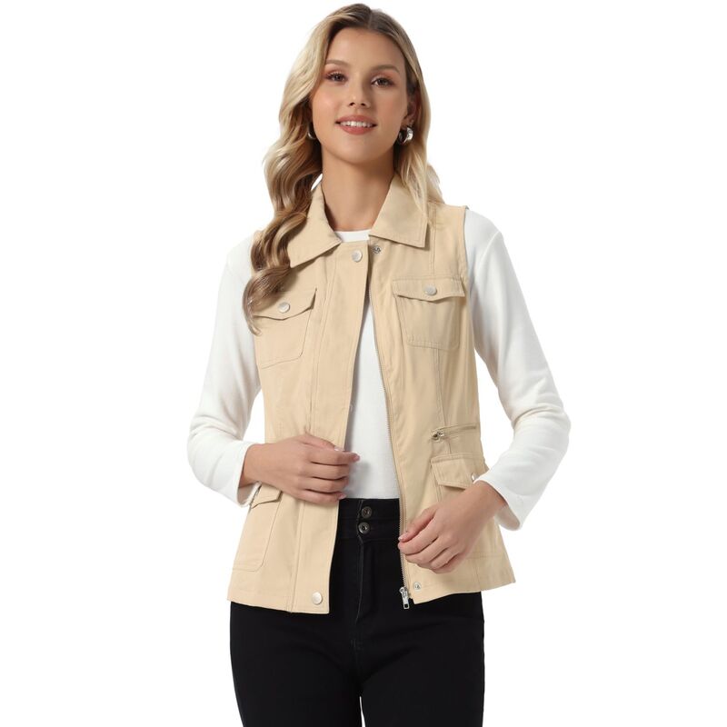 アレグラ ケー レディース トップス Tシャツ ベスト ノースリーブ ジャケット ALLEGRA K Women's Zip Up Jacket with Pocketsleeveless Anorak Utility Vest Dark Tan タン｜ReVida 店
