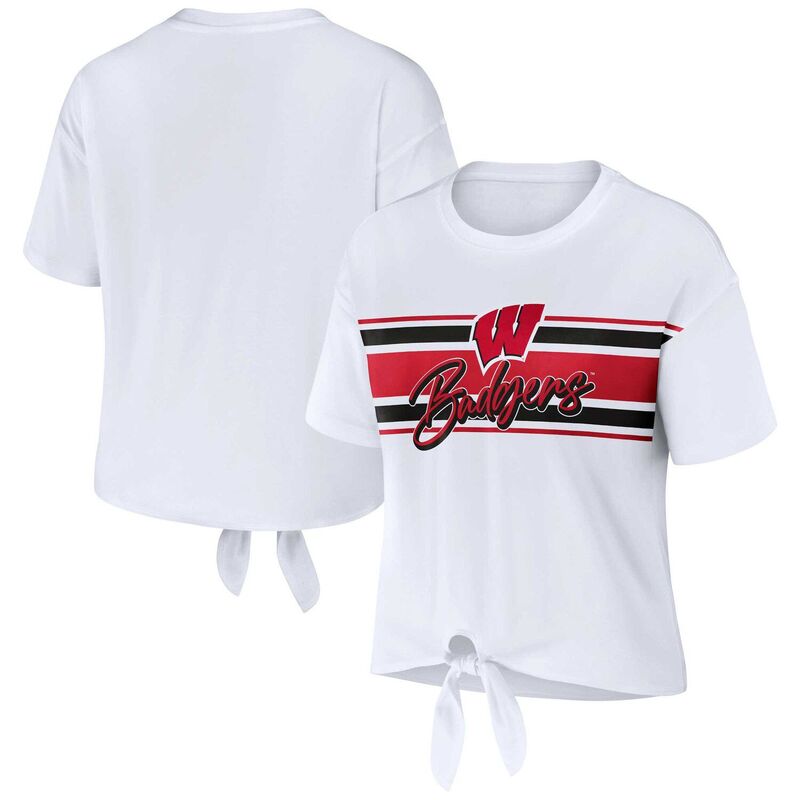 ウェア バイ エリン アンドルーズ レディース トップス Tシャツ クロップド Women's WEAR by Erin Andrews White Wisconsin Badgerstriped Front Knot Cropped T-Shirt Wis White ホワイト｜ReVida 店
