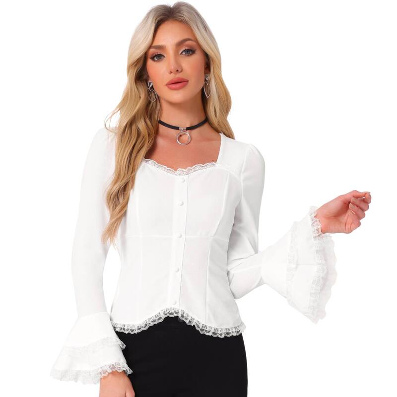 アレグラ ケー レディース トップス シャツ ボタンダウン レース ALLEGRA K Flare Bell Sleeve Tops for Women's Lace Square Neck Button Down Shirts White ホワイト｜ReVida 店