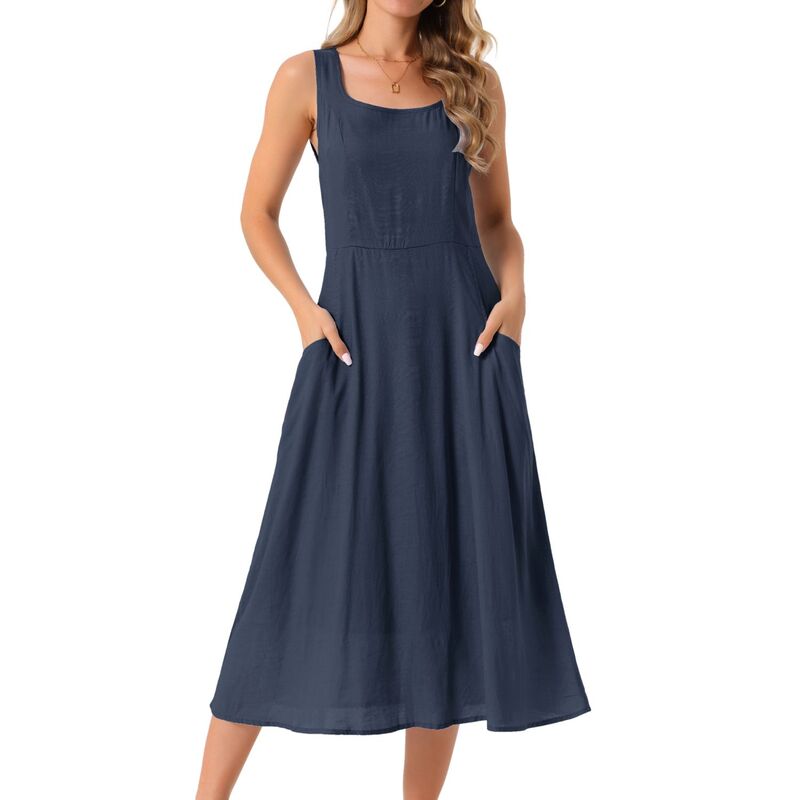 インスパイア シック レディース トップス ワンピース ノースリーブ リネン マキシ INSPIRE CHIC Women's Linen Dressesummer Sleevelessundress Casualoose Flowy Maxi Tank Beach Dress Navy Blue ネイビー｜ReVida 店 10,715円