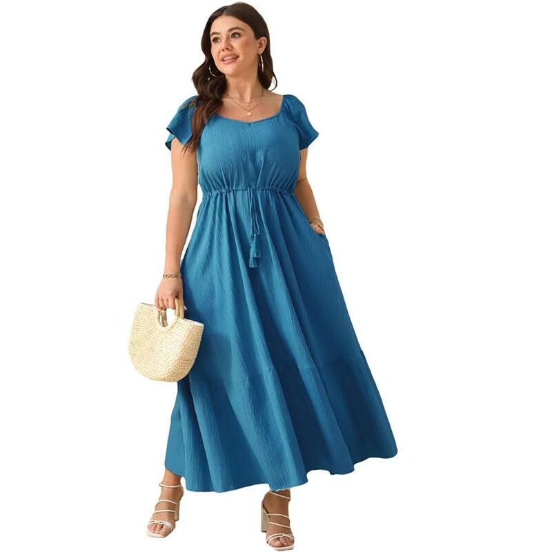コジョイン レディース トップス ワンピース ハイウエスト プラスサイズ フリル マキシ Kojooin Women Plusize Boho Maxi Dresshort Sleeves High Waist Ruffle Casual Summer Dress with Pockets Peacock Blue ブルー｜ReVida 店