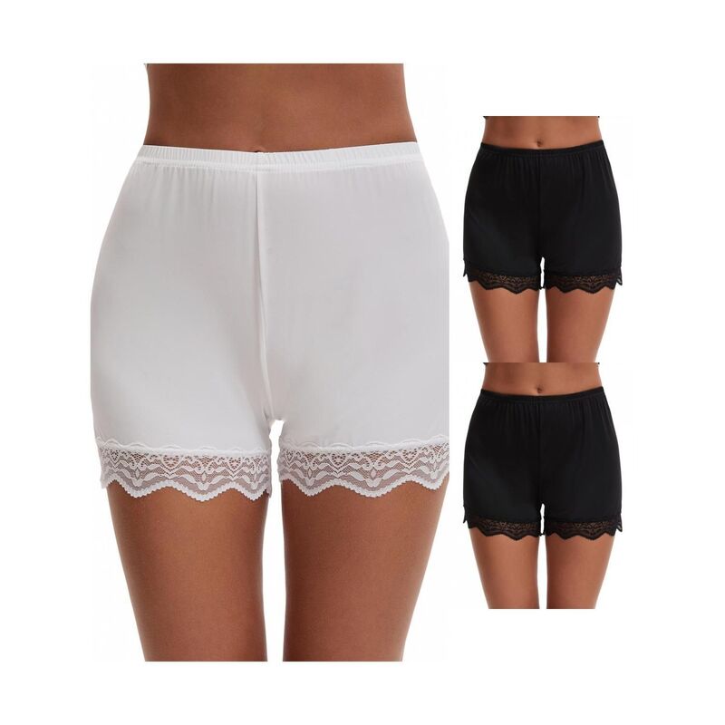 インスパイア シック レディース ボトムス カジュアルパンツ レーストリム ショートパンツ シルク レース INSPIRE CHIC 3 Packs Women's Lace Trim Ice Silk Mid-Waister Loose Slip Shorts Light and Breathable Boyshorts Black White ホワイト|ReVida 店