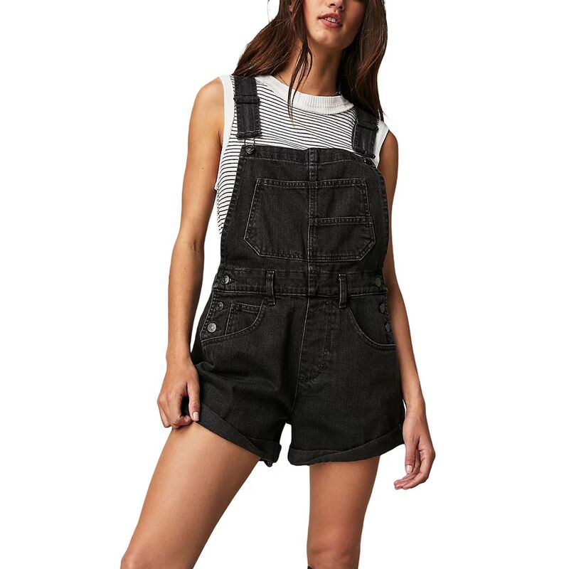 セオリア レディース ボトムス カジュアルパンツ オーバーオール ショートパンツ デニム Seoria Women's Loose-Fit Denim Overalls Adjustable Straps Cuffed Hem Denim Shorts Black ブラック|ReVida 店