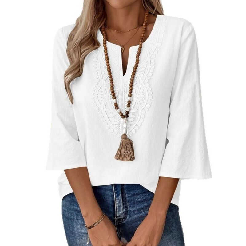 イエスファッション レディース トップス シャツ Vネック ブラウス レース Yesfashion Womens 3/4 Sleeve Tops V Neck Lace Casualoose Fit Blouses Boho Fashion White ホワイト｜ReVida 店