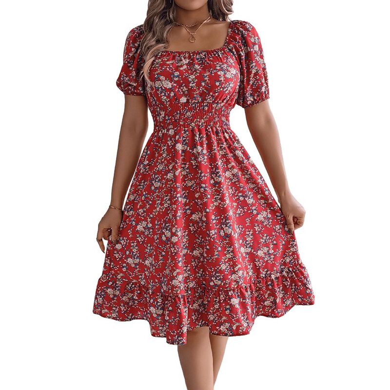 セオリア レディース トップス ワンピース A ライン Seoria Women Square Neck Puff Short Sleeve A Line Dress Red レッド|ReVida 店