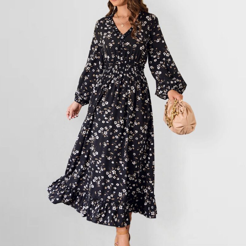 クリアフラワー レディース トップス ワンピース フラワー柄 プリント マキシ ClearFlower Women's Floral Print Maxi Dress Ditsy Floralong Dress Casual Summer Beach Boho Dress Black White ホワイト|ReVida 店