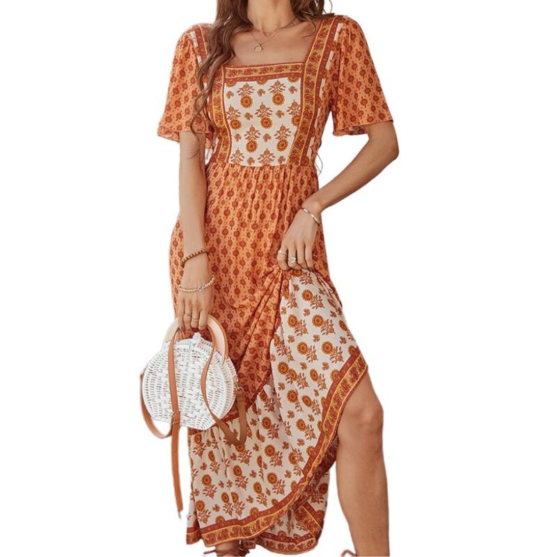 クリアフラワー レディース トップス ワンピース ヴィンテージ フラワー柄 プリント ミディ ClearFlower Women Square Neck Floral Print Dresshort Sleeve Midi Dress Romantic Vintage Summer Casual Dress Orange オレンジ｜ReVida 店