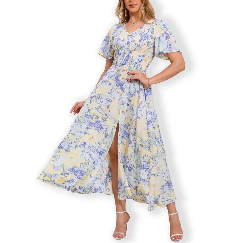 クリアフラワー レディース トップス ワンピース ティアード フリル シャーリング ClearFlower Women Short Sleeve Dress with Ruffle Neck & Smocked Waist Flowy Casual Textu red Boho Tieredress Purple Yellow Flowers イエロー｜ReVida 店