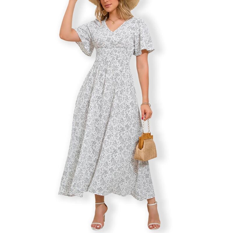 クリアフラワー レディース トップス ワンピース ティアード フリル シャーリング ClearFlower Women Short Sleeve Dress with Ruffle Neck & Smocked Waist Flowy Casual Textu red Boho Tieredress White Floral ホワイト｜ReVida 店