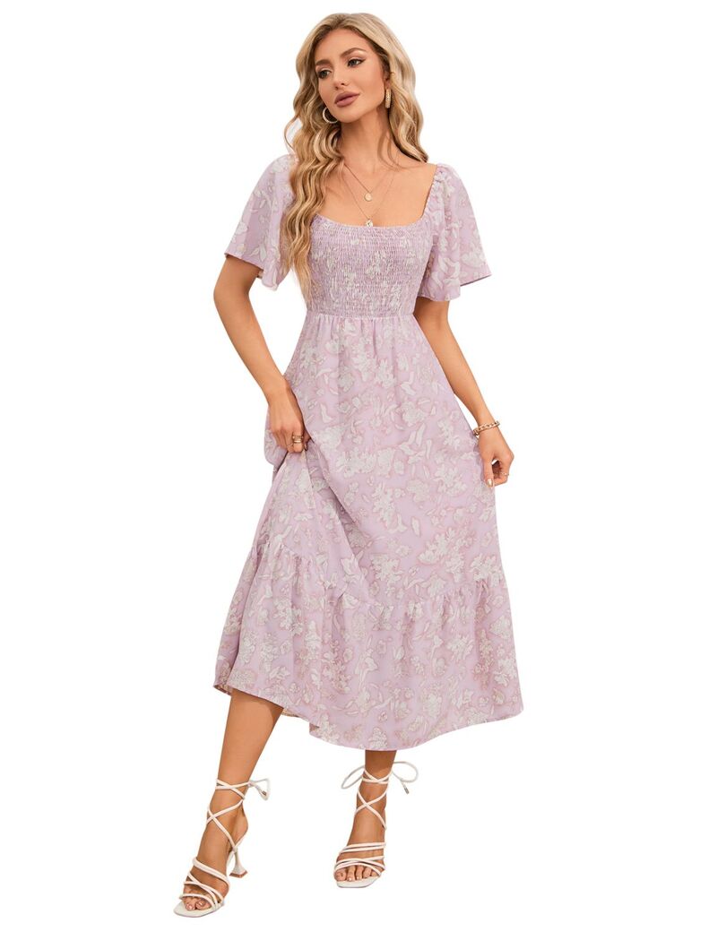 ファンジュライ レディース トップス ワンピース フラワー柄 フラワー FUNJULY Womenshort Sleeve Square Neck Boho Floral Casual Dress Pink ピンク｜ReVida 店
