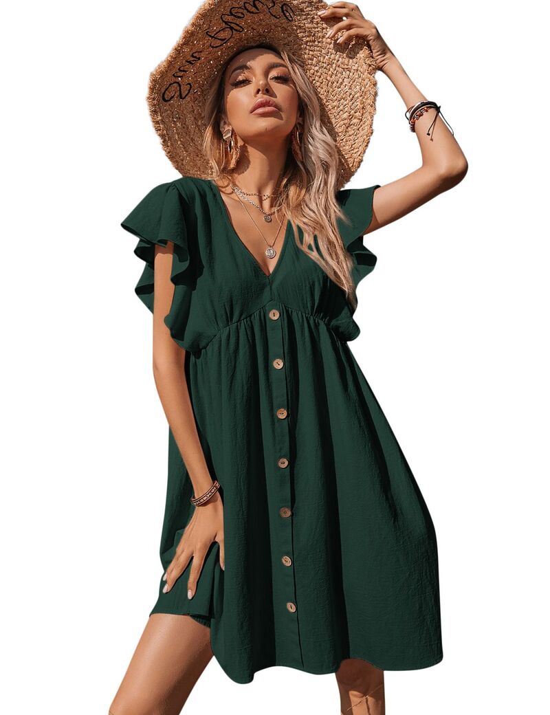 ファンジュライ レディース トップス ワンピース Vネック FUNJULY Women'short Sleeve Babydoll Dress V-Neck Button Front Green グリーン|ReVida 店