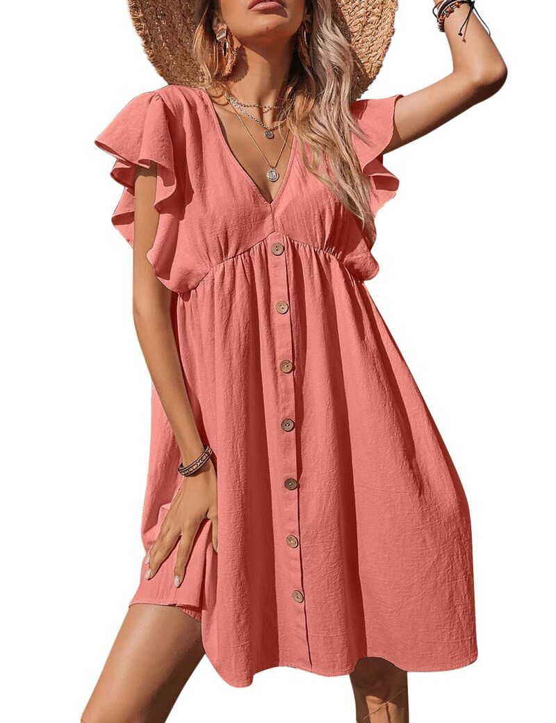 ファンジュライ レディース トップス ワンピース Vネック FUNJULY Women'short Sleeve Babydoll Dress V-Neck Button Front Pink ピンク|ReVida 店