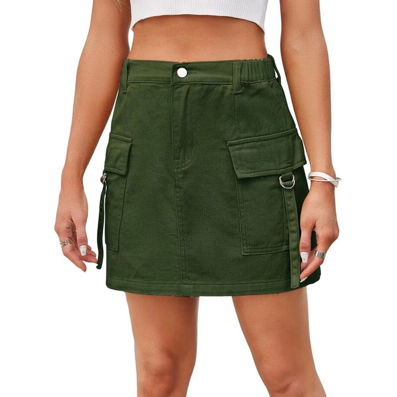 エリートスピリット レディース ボトムスカート ハイウエスト デニム EliteSpirit Cargo Denim Skirts for Women Solid Casual Short Denim Skirt Bodycon High Waist Jean Skirts Army Green グリーン|ReVida 店