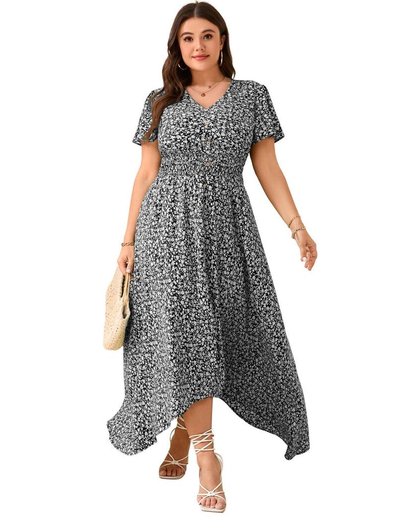 ファンジュライ レディース トップス ワンピース Vネック プラスサイズ ミディ FUNJULY Women's Plusize Flutter Short Sleeve V-Neck Midi Dress Black ブラック｜ReVida 店