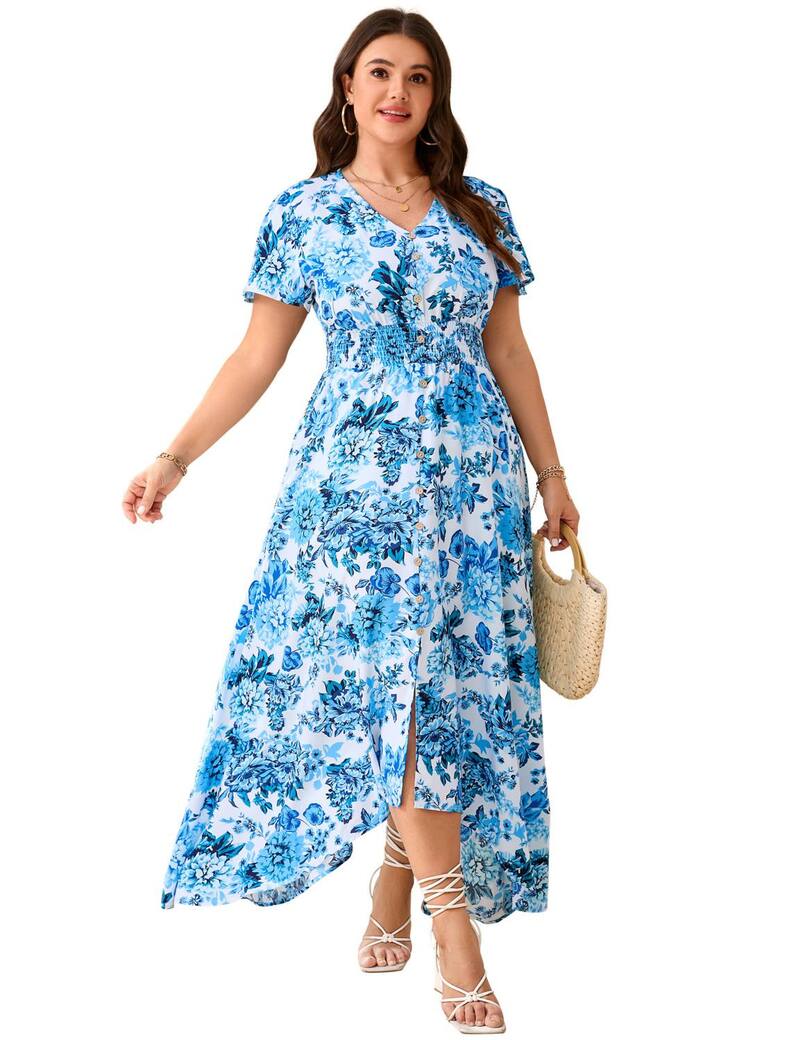 ファンジュライ レディース トップス ワンピース Vネック プラスサイズ ミディ FUNJULY Women's Plusize Flutter Short Sleeve V-Neck Midi Dress Blue ブルー|ReVida 店
