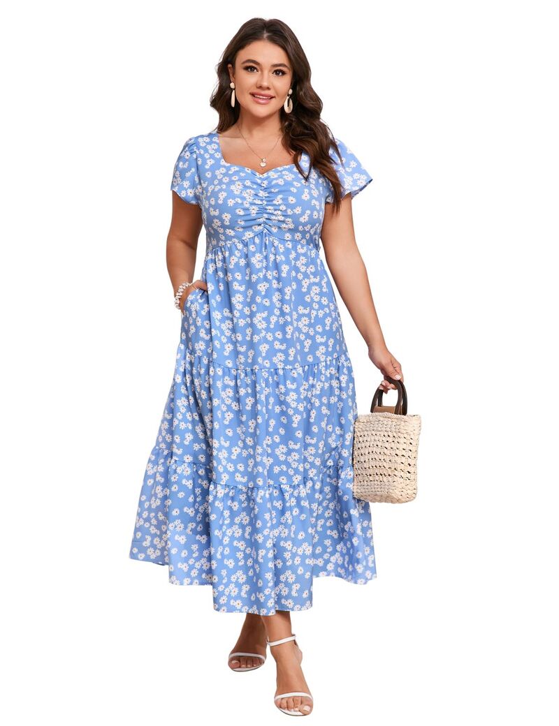 エリートチョイス レディース トップス ワンピース フラワー柄 プラスサイズ フラワー Elitechoice Women's Plusize Short Sleeve Floral Dress with Pockets Blue Flower ブルー｜ReVida 店 11,005円