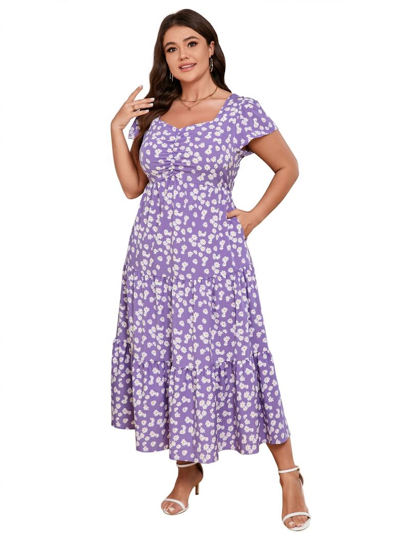 エリートチョイス レディース トップス ワンピース フラワー柄 プラスサイズ フラワー Elitechoice Women's Plusize Short Sleeve Floral Dress with Pockets Purple Flower パープル|ReVida 店
